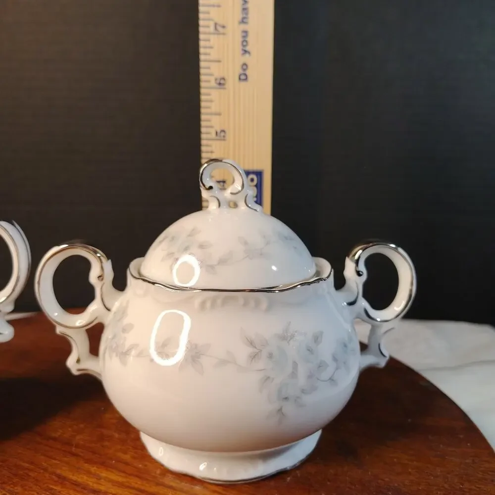 MIKASA Barbizon Pattern Sugar Bowl Dish w/ Lid & Creamer Blue Flowers Silver Rim
